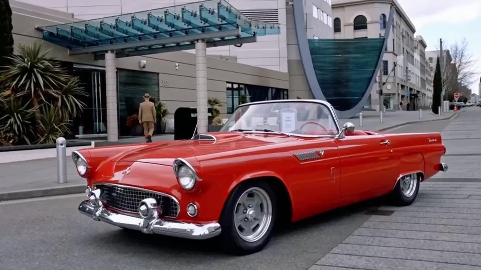 Side profile of the cherry red Thunderbird convertible with the top down, parked on a city street.