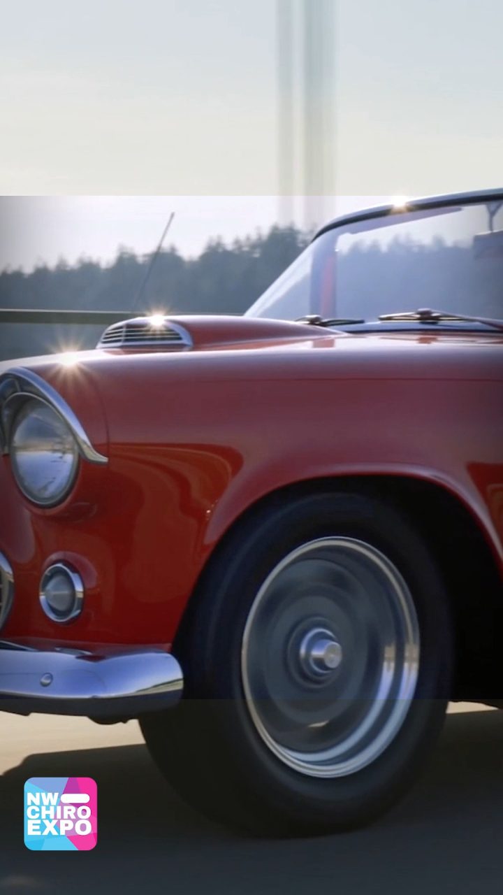 The cherry red 1955 Ford Thunderbird in low sunlight, front wing and headlight in close-up.