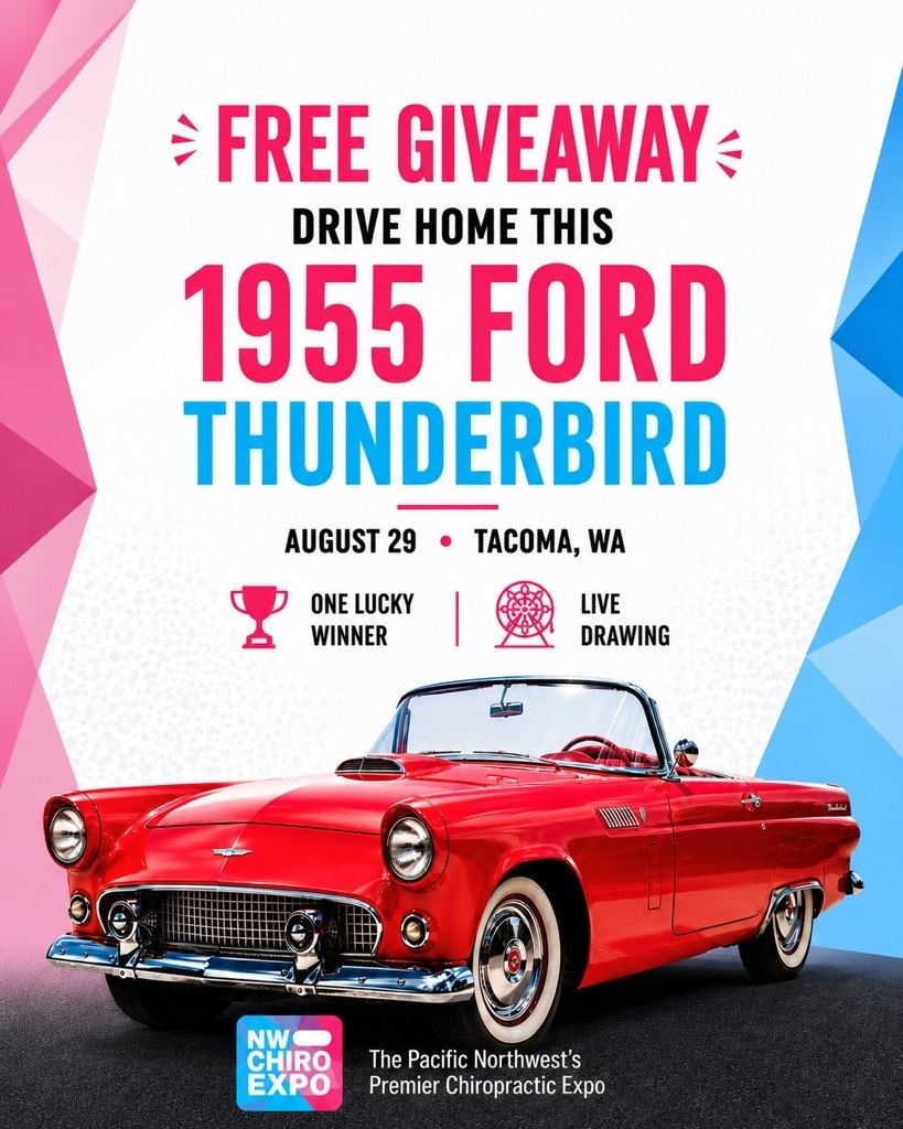 Free giveaway flyer: drive home this 1955 Ford Thunderbird, August 29, Tacoma WA. One lucky winner, live drawing.