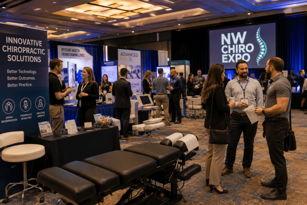 Attendees networking at the NW Chiro Expo exhibitor hall in Tacoma, with chiropractic equipment and exhibitor booths in the background
