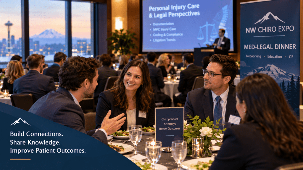 Chiropractors and personal injury attorneys networking at a NW Chiro Expo med-legal dinner in Washington State, with a Seattle skyline view and a presentation on personal injury care and legal perspectives in the background.