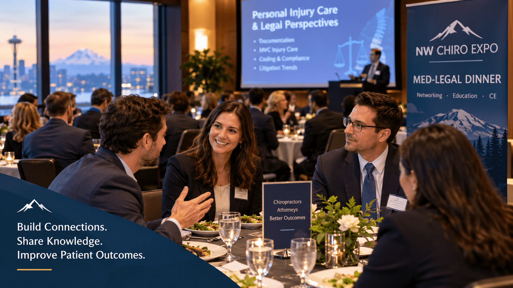 Chiropractors and personal injury attorneys networking at a NW Chiro Expo med-legal dinner in Washington State, with a Seattle skyline view and a presentation on personal injury care and legal perspectives in the background.