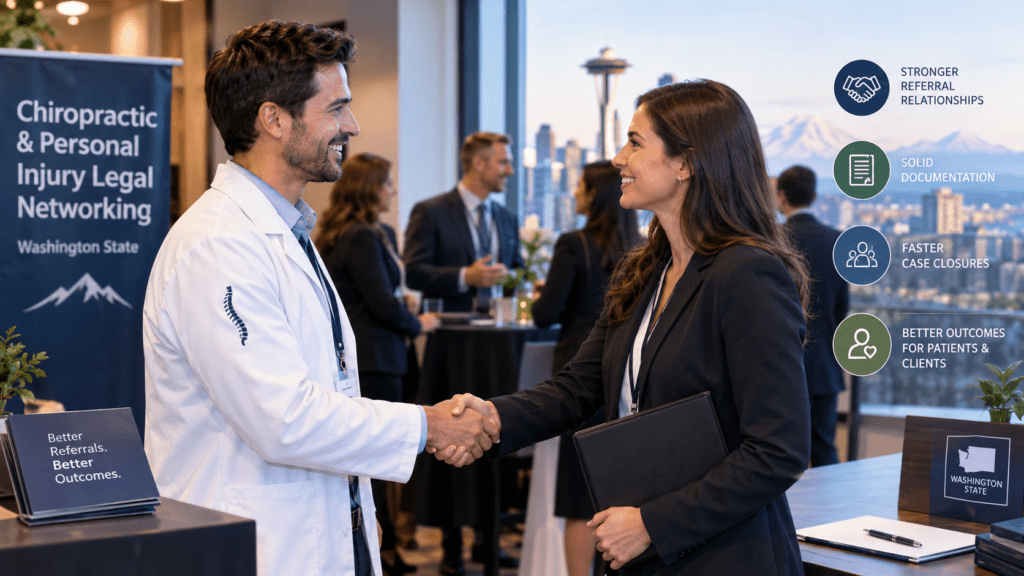 Washington chiropractor and personal injury attorney shaking hands at a networking event, with icons for stronger referral relationships, solid documentation, faster case closures, and better patient outcomes.