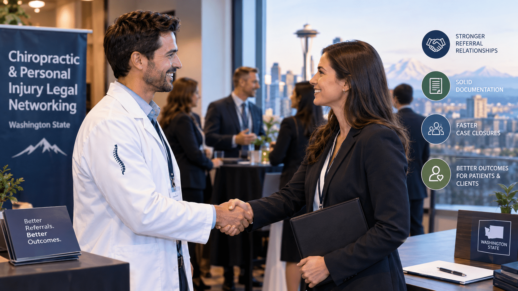 Washington chiropractor and personal injury attorney shaking hands at a networking event, with icons for stronger referral relationships, solid documentation, faster case closures, and better patient outcomes.