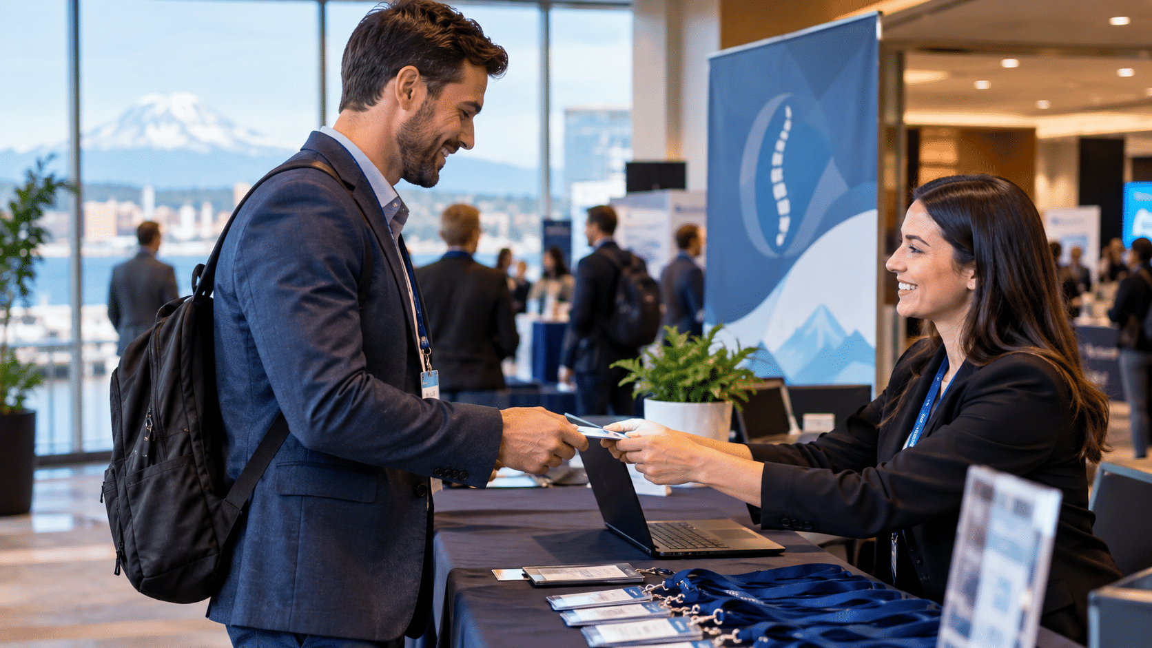 Attendee checking in at the registration desk at a chiropractic conference, receiving their event badge and lanyard.